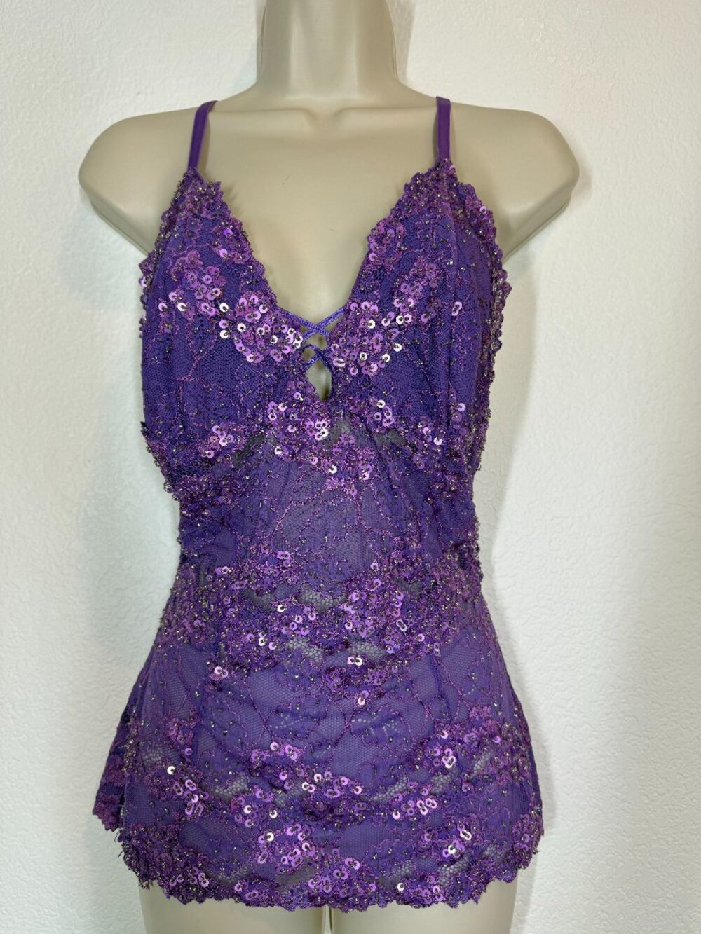 Marciano Corset Cami Top Purple Sequin Lace Beaded Medium Y2K Party Blouse - Picture 4 of 12